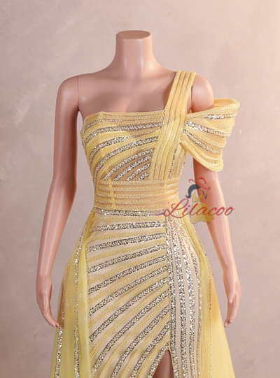 Yellow Tulle One Shoulder Beading Sequins Prom Dress