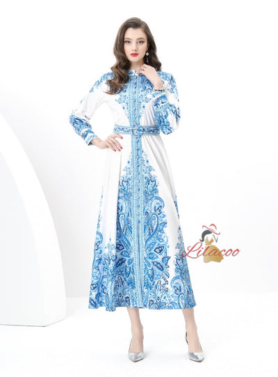 Retro National Print Slim Breasted Dress