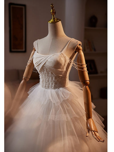 White Tulle Spaghetti Straps Tiers Beading Wedding Dress
