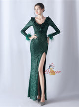 Long Sleeve V-neck Sequins Prom Dress