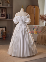 White Satin Off the Shoulder Puff Sleeve Wedding Dress