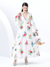 Retro Deep V-neck Printed Long Dress