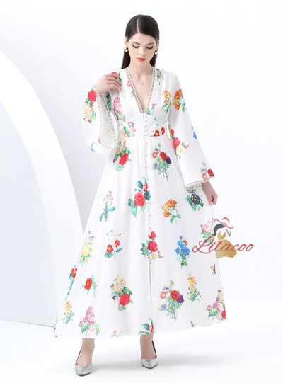 Retro Deep V-neck Printed Long Dress