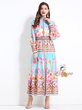 Palace Style Retro Flower Print Long Sleeves Dress