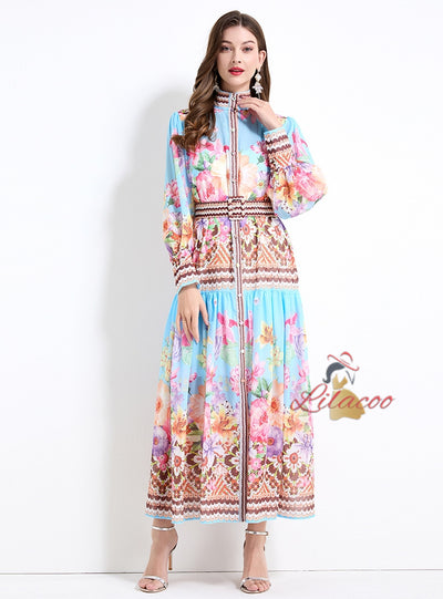 Palace Style Retro Flower Print Long Sleeves Dress