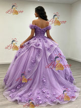 Purple Tulle Off the Shoulder 3D Flower Quinceanera Dress