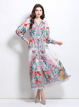 V-neck Lantern Sleeve Button Printed Dress