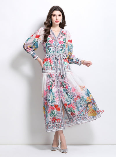 V-neck Lantern Sleeve Button Printed Dress