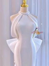 White Mermaid Halter Pearls Bow Wedding Dress