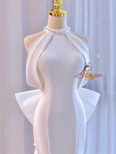 White Mermaid Halter Pearls Bow Wedding Dress