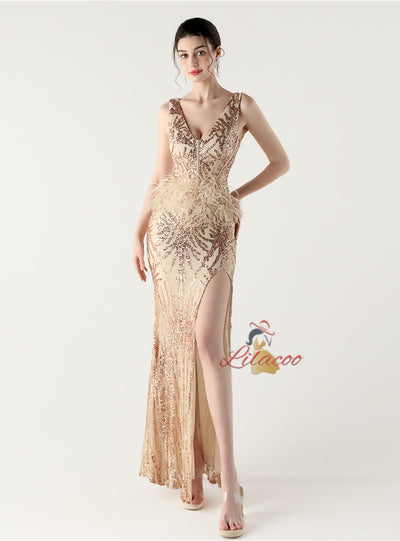 V-neck Mermaid Sequins Feather Prom Dress