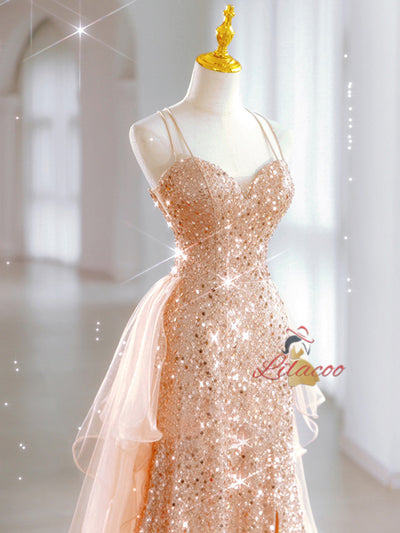 Gold Sequins Straps Split Prom Dress