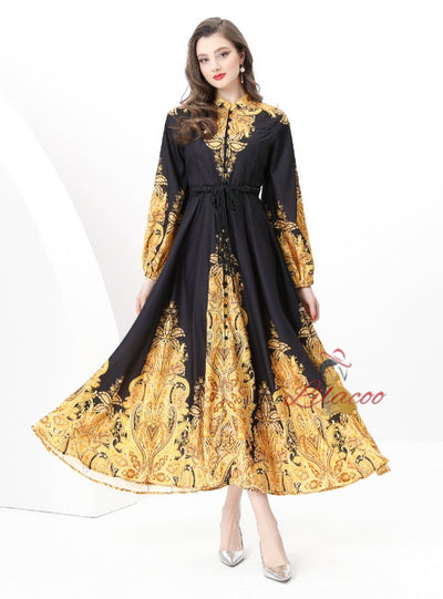 Printed Puff Sleeve Button Long Dress