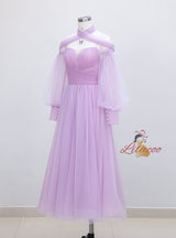 Purple Tulle Long Sleeve Pleats Prom Dress