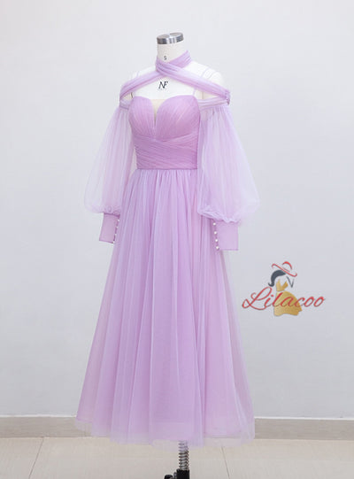 Purple Tulle Long Sleeve Pleats Prom Dress