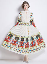 Printed Lantern Sleeve Pleated Belt Dress