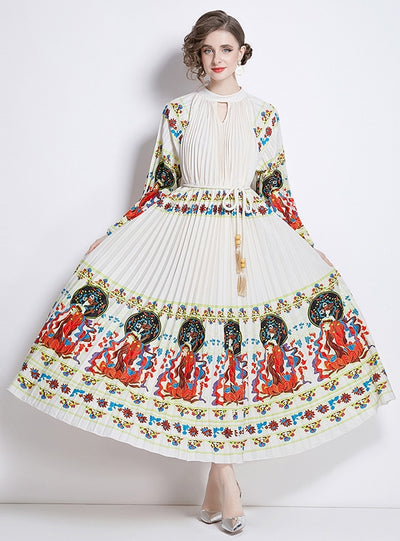 Printed Lantern Sleeve Pleated Belt Dress