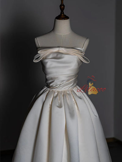 Ivory Satin Straps Pleats Wedding Dress