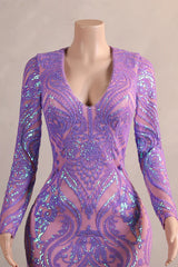 Purple V-neck Long Sleeve Feather Prom Dress