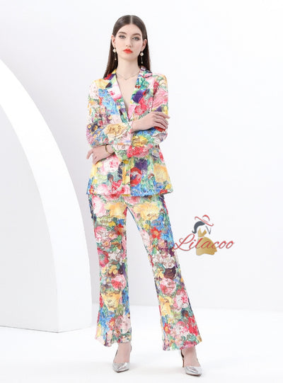 Suit Collar Lace Top Trousers Printed Two-piece Suit