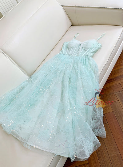 Green Tulle Sequins Straps Prom Dress
