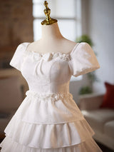 White Puff Sleeve Tiers Bow Homecoming Dress