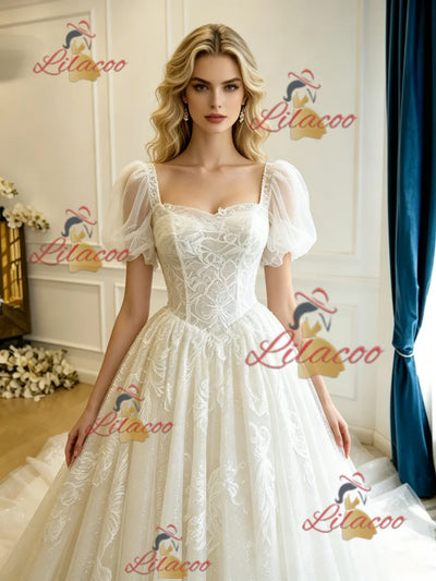 Beige White Lace Puff Sleeve Wedding Dress
