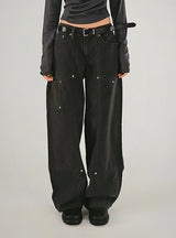 Retro Buttoned Black Low-waisted Jeans