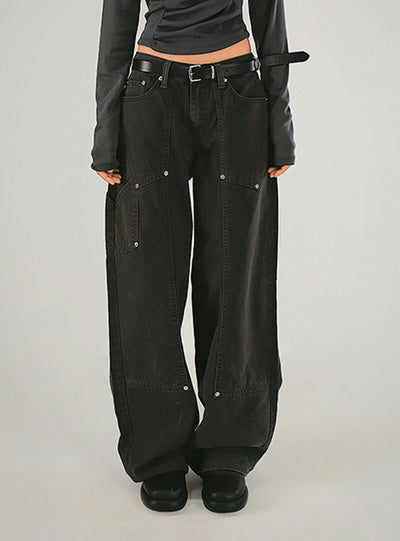 Retro Buttoned Black Low-waisted Jeans