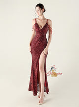 V-neck Mermaid Sequins Spaghetti Straps Beading Prom Dress