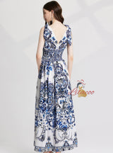 Retro Porcelain Backless Chiffon V-neck Dress