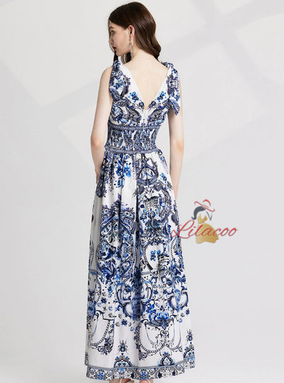 Retro Porcelain Backless Chiffon V-neck Dress