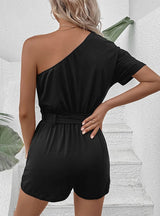Casual One-shoulder Solid Color Jumpsuit Shorts