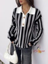 Vertical Striped Lapel Knitted Pullover Sweater