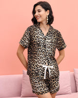 Sexy V-neck Leopard Print Short Sleeve Two-piece Suit