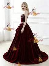 Burgundy Velvet Strapless Appliques Prom Dress