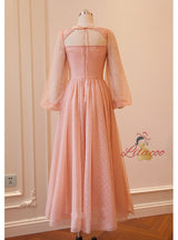 Pink Tulle Sequins Long Sleeve Prom Dress