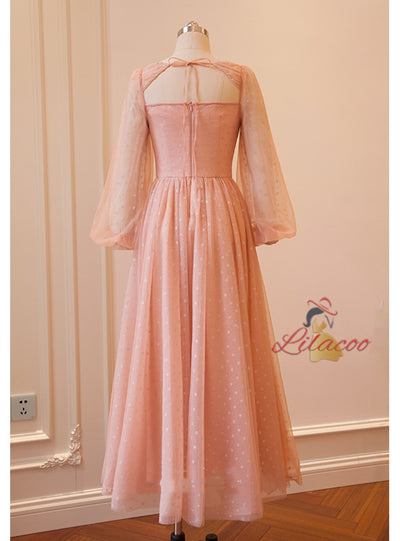 Pink Tulle Sequins Long Sleeve Prom Dress