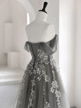 Gray Tulle Off the Shoulder Appliques Prom Dress