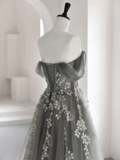 Gray Tulle Off the Shoulder Appliques Prom Dress