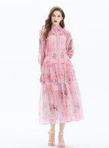 Retro Long Sleeve Lapel Printed Shirt Dress