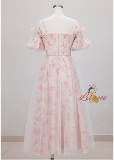 Strap Off-the-shoulder Bubble Sleeve Floral Dress