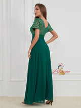 Green Chiffon Sequins V-neck Short Sleeve Prom Dress