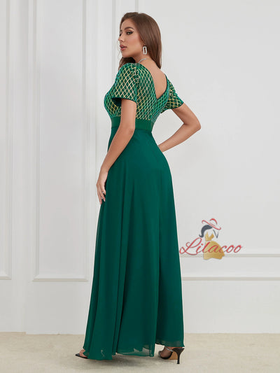 Green Chiffon Sequins V-neck Short Sleeve Prom Dress