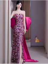 Fuchsia Sequins Strapless Bow Prom Dress
