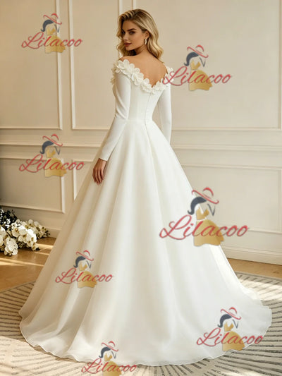 White Long Sleeve Off the Shoulder Flower Wedding Dress
