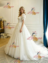 Beige White Tulle Lace Puff Sleeve Appliques Wedding Dress