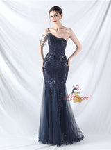 One Shoulder Sequins Beading Prom Dress