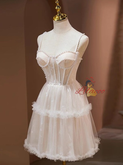 Ivory Tulle Straps Lace Pearls Homecoming Dress