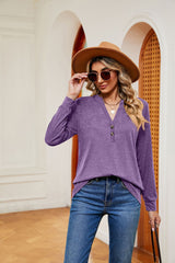Solid Color V-neck Button Long Sleeve T-shirt
